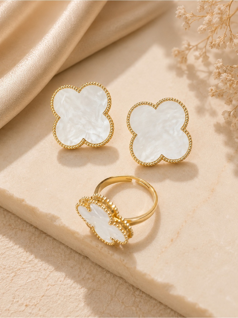 Gold Clover Mother of Pearl Stud Earrings | Luxury Statement Earrings - Picture 3 of 4